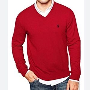 Polo Ralph Lauren Men's Red Lambswool V-Neck Long Sleeve Pullover Sweater Size L